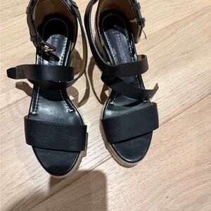 Ralph Lauren Purple Label Black Leather Strappy Wedge Sandals